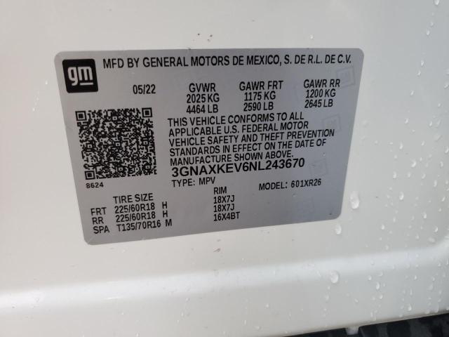 3GNAXKEV6NL243670 - 2022 CHEVROLET EQUINOX LT WHITE photo 12