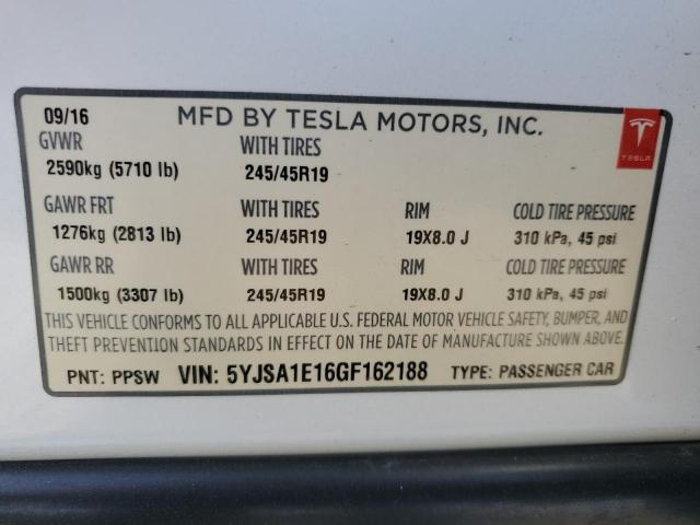 5YJSA1E16GF162188 - 2016 TESLA MODEL S WHITE photo 12