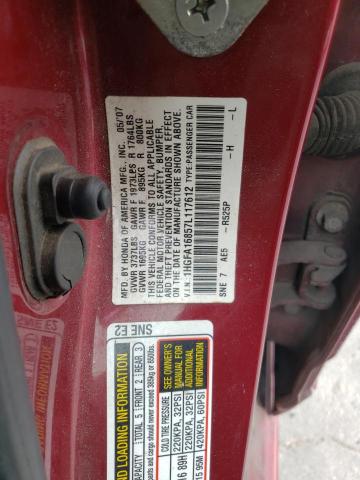 1HGFA16857L117612 - 2007 HONDA CIVIC EX RED photo 12