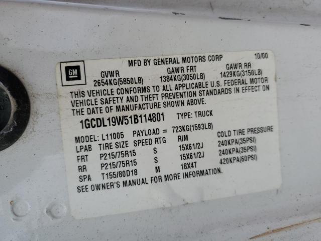 1GCDL19W51B114801 - 2001 CHEVROLET ASTRO WHITE photo 13