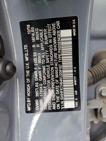 SHHFK7H64KU209167 - 2019 HONDA CIVIC EX GRAY photo 12