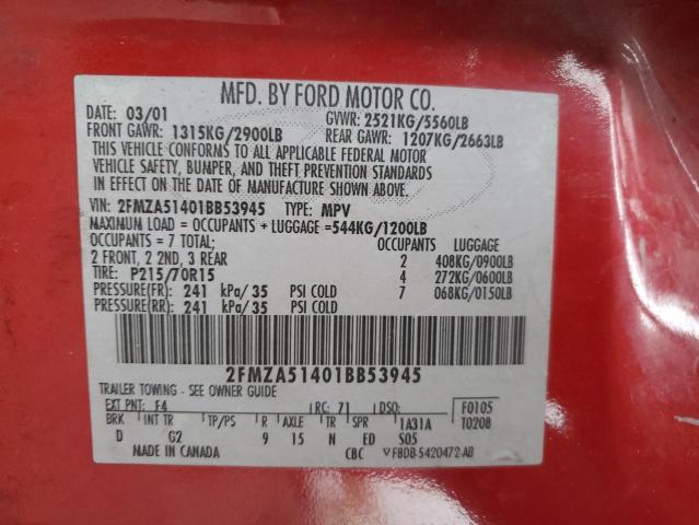 2FMZA51401BB53945 - 2001 FORD WINDSTAR LX RED photo 13