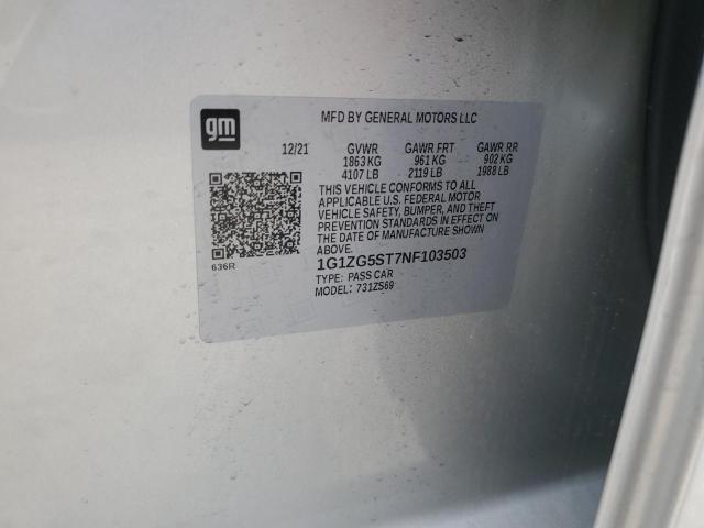 1G1ZG5ST7NF103503 - 2022 CHEVROLET MALIBU RS 银色 照片 12