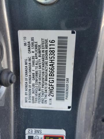 2HGFG1B66AH538116 - 2010 HONDA CIVIC LX GRAY photo 12