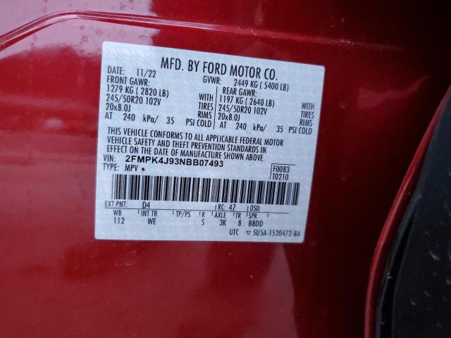 2FMPK4J93NBB07493 - 2022 FORD EDGE SEL RED photo 12