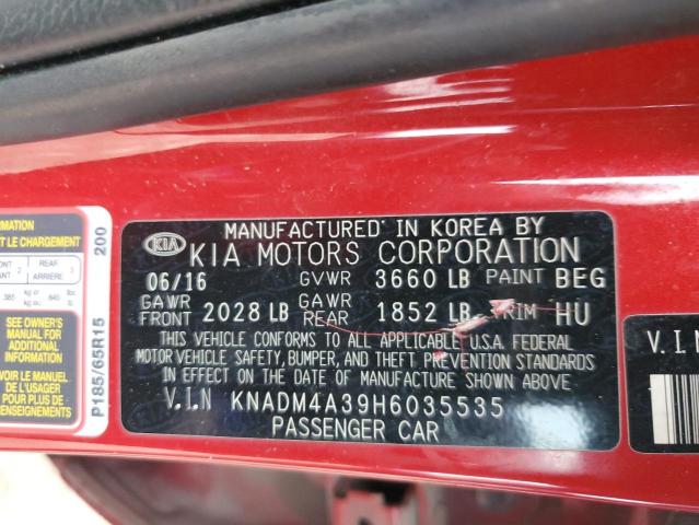 KNADM4A39H6035535 - 2017 KIA RIO LX RED photo 12