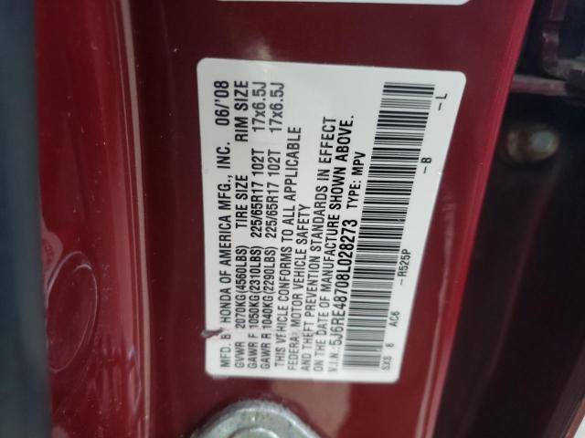 5J6RE48708L028273 - 2008 HONDA CR-V EXL RED photo 12