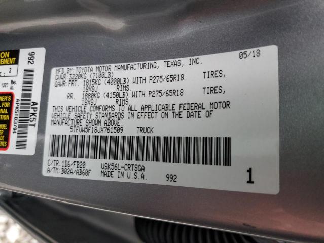 5TFUW5F18JX761509 - 2018 TOYOTA TUNDRA DOUBLE CAB SR/SR5 SILVER photo 13