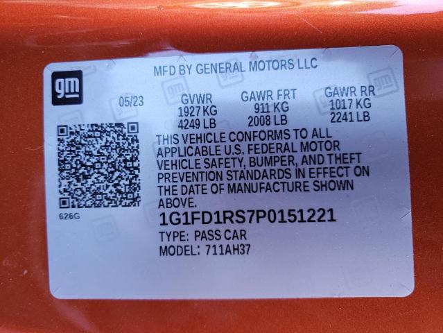 1G1FD1RS7P0151221 - 2023 CHEVROLET CAMARO LT ORANGE photo 12