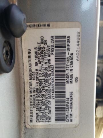 2T1KR32E93C105302 - 2003 TOYOTA COROLLA MA XR SILVER photo 12