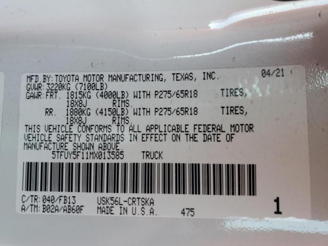 5TFUY5F11MX013585 - 2021 TOYOTA TUNDRA DOUBLE CAB SR/SR5 WHITE photo 12