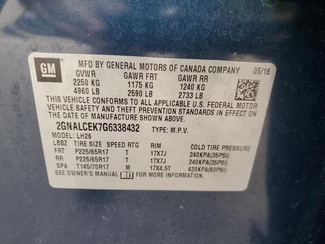 2GNALCEK7G6338432 - 2016 CHEVROLET EQUINOX LT BLUE photo 12