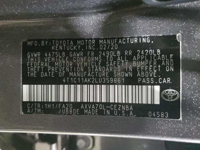 4T1C11AK2LU359861 - 2020 TOYOTA CAMRY LE GRAY photo 12