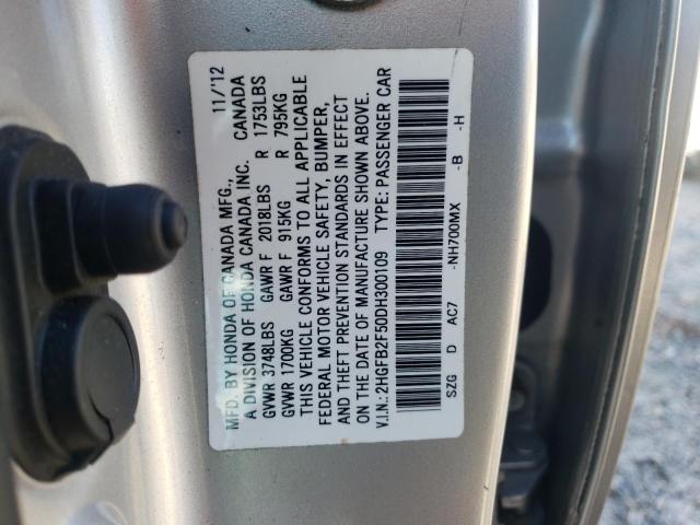 2HGFB2F50DH300109 - 2013 HONDA CIVIC LX SILVER photo 13