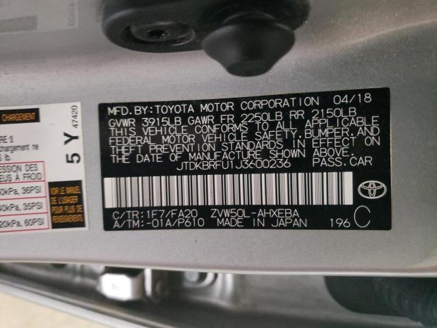 JTDKBRFU1J3600236 - 2018 TOYOTA PRIUS SILVER photo 13