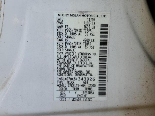 1N6BA07DX8N343926 - 2008 NISSAN TITAN XE WHITE photo 12