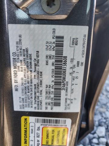 3FA6P0MU0KR158608 - 2019 FORD FUSION SEL GRAY photo 12