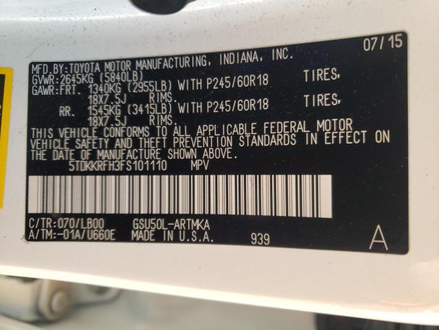 5TDKKRFH3FS101110 - 2015 TOYOTA HIGHLANDER XLE WHITE photo 14