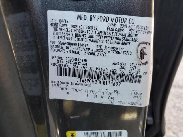 3FA6P0HD0HR114692 - 2017 FORD FUSION SE GRAY photo 12