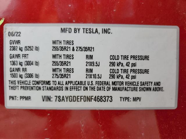 7SAYGDEF0NF468373 - 2022 TESLA MODEL Y RED photo 13