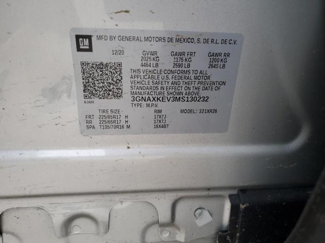 3GNAXKEV3MS130232 - 2021 CHEVROLET EQUINOX LT SILVER photo 12