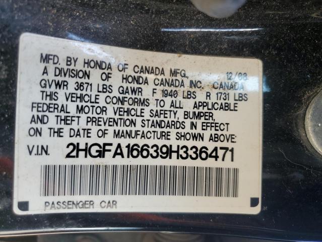 2HGFA16639H336471 - 2009 HONDA CIVIC LX-S BLACK photo 12