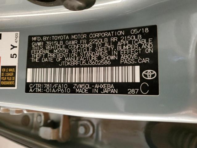 JTDKBRFU5J3602586 - 2018 TOYOTA PRIUS TURQUOISE photo 12