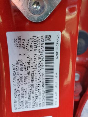 2HGFE2F54NH602396 - 2022 HONDA CIVIC SPORT 红色 照片 12