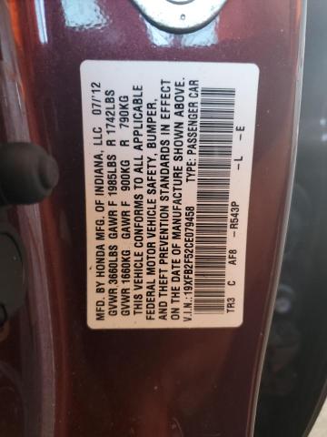 19XFB2F52CE079458 - 2012 HONDA CIVIC LX MAROON photo 12