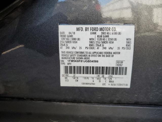 1FM5K8F81JGB54586 - 2018 FORD EXPLORER LIMITED GRAY photo 13