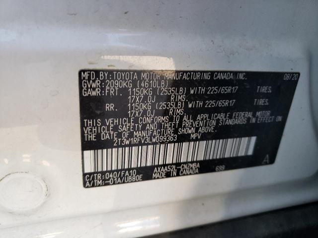 2T3W1RFV3LW099363 - 2020 TOYOTA RAV4 XLE WHITE photo 13