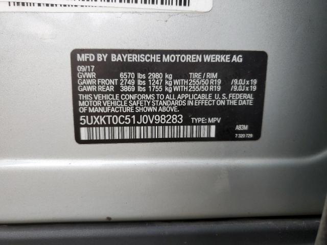 5UXKT0C51J0V98283 - 2018 BMW X5 XDR40E SILVER photo 13