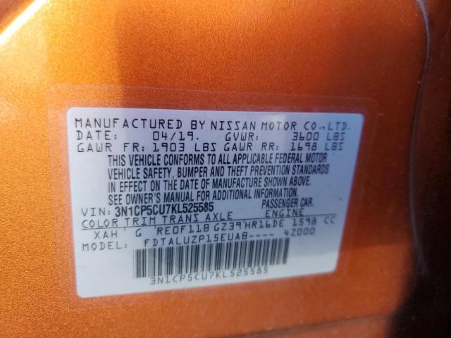 3N1CP5CU7KL525585 - 2019 NISSAN KICKS S ORANGE photo 12