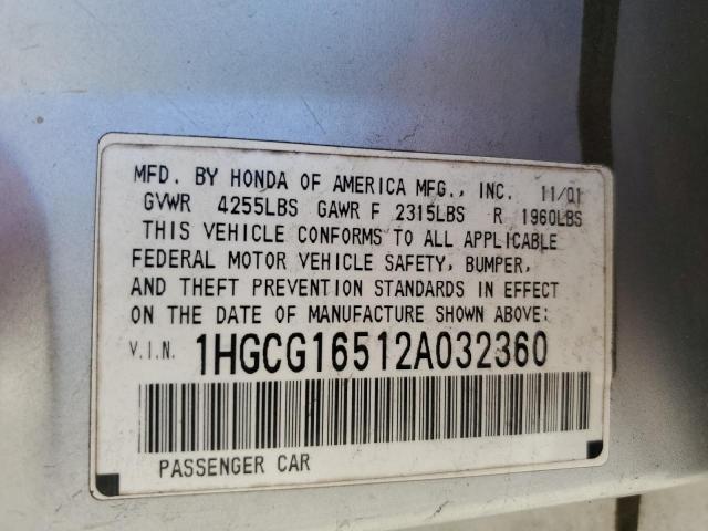 1HGCG16512A032360 - 2002 HONDA ACCORD EX SILVER photo 12