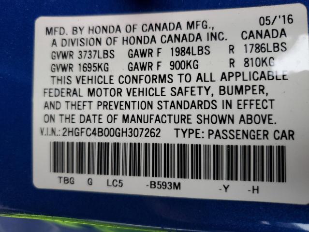 2HGFC4B00GH307262 - 2016 HONDA CIVIC LX BLUE photo 13