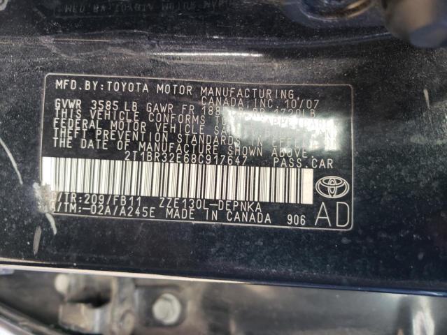 2T1BR32E68C917647 - 2008 TOYOTA COROLLA CE BLACK photo 12