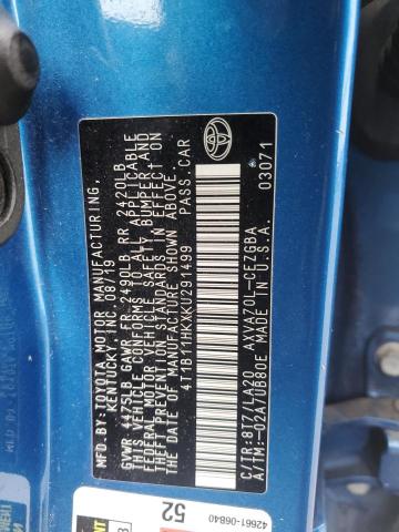 4T1B11HKXKU291499 - 2019 TOYOTA CAMRY L 蓝色 照片 12