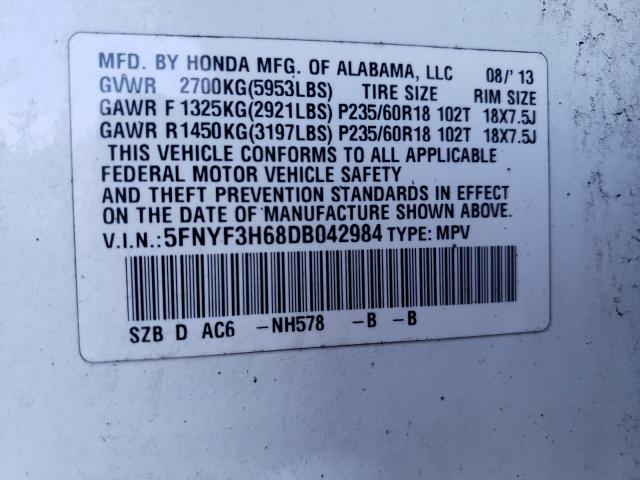 5FNYF3H68DB042984 - 2013 HONDA PILOT EXL WHITE photo 13