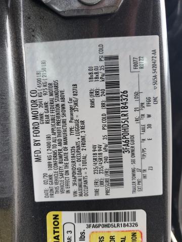 3FA6P0HD5LR184326 - 2020 FORD FUSION SE CHARCOAL photo 12