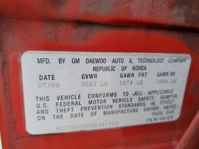 KL1TD56E59B341162 - 2009 CHEVROLET AVEO LS 红色 照片 12