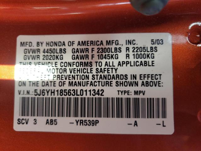 5J6YH18563L011342 - 2003 HONDA ELEMENT EX ORANGE photo 13