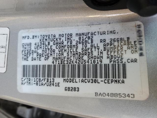 4T1BE32K42U541019 - 2002 TOYOTA CAMRY LE SILVER photo 12