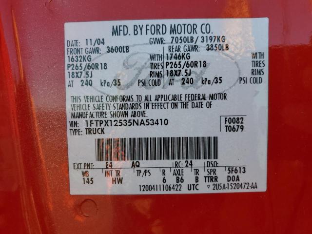 1FTPX12535NA53410 - 2005 FORD F150 RED photo 12