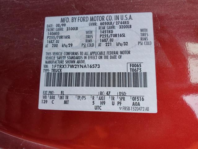 1FTRX17W2YNA16573 - 2000 FORD F150 RED photo 12