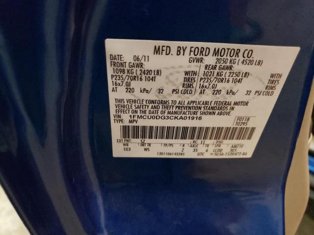 1FMCU0DG3CKA01916 - 2012 FORD ESCAPE XLT BLUE photo 12