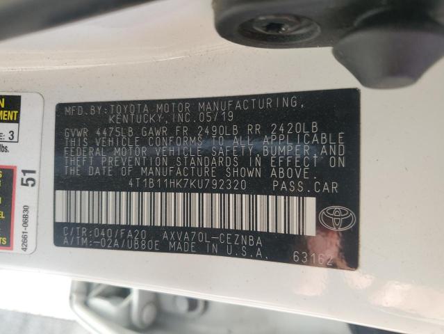 4T1B11HK7KU792320 - 2019 TOYOTA CAMRY L WHITE photo 12