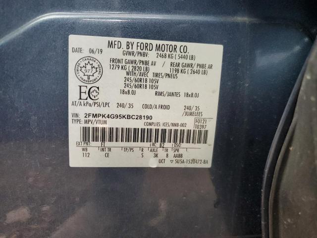 2FMPK4G95KBC28190 - 2019 FORD EDGE SE BLUE photo 12