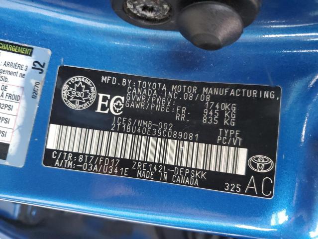 2T1BU40E39C089081 - 2009 TOYOTA COROLLA BASE BLUE photo 12