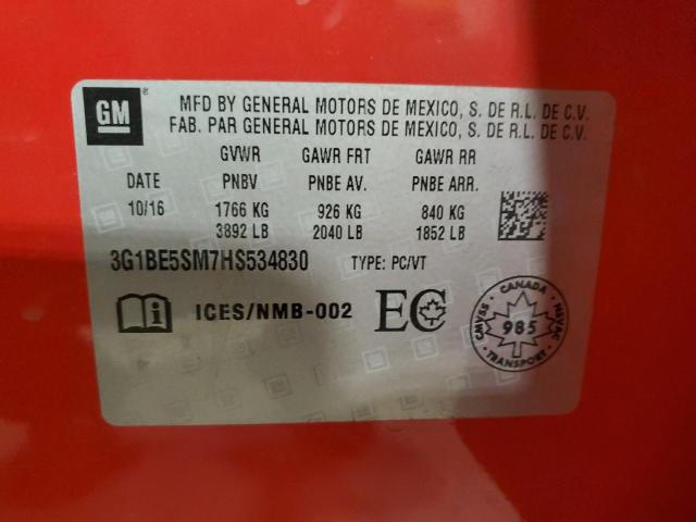 3G1BE5SM7HS534830 - 2017 CHEVROLET CRUZE LT RED photo 13