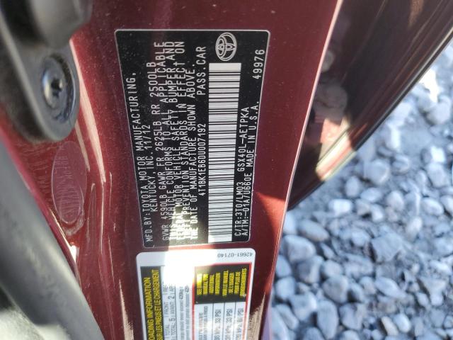 4T1BK1EB6DU007192 - 2013 TOYOTA AVALON BASE 勃艮第红 照片 12